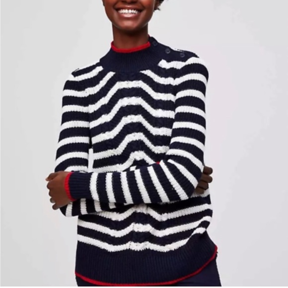 LOFT Sweaters - LOFT Blue and White Striped Red Trim Nautical Sweater